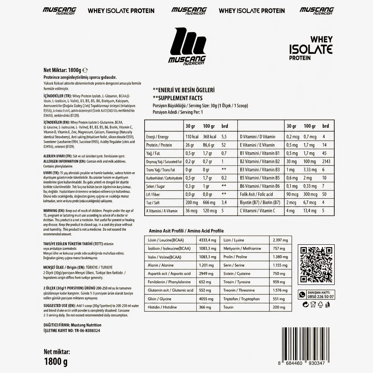 Mustang Nutrition Whey İsolate Protein 1800 Gr