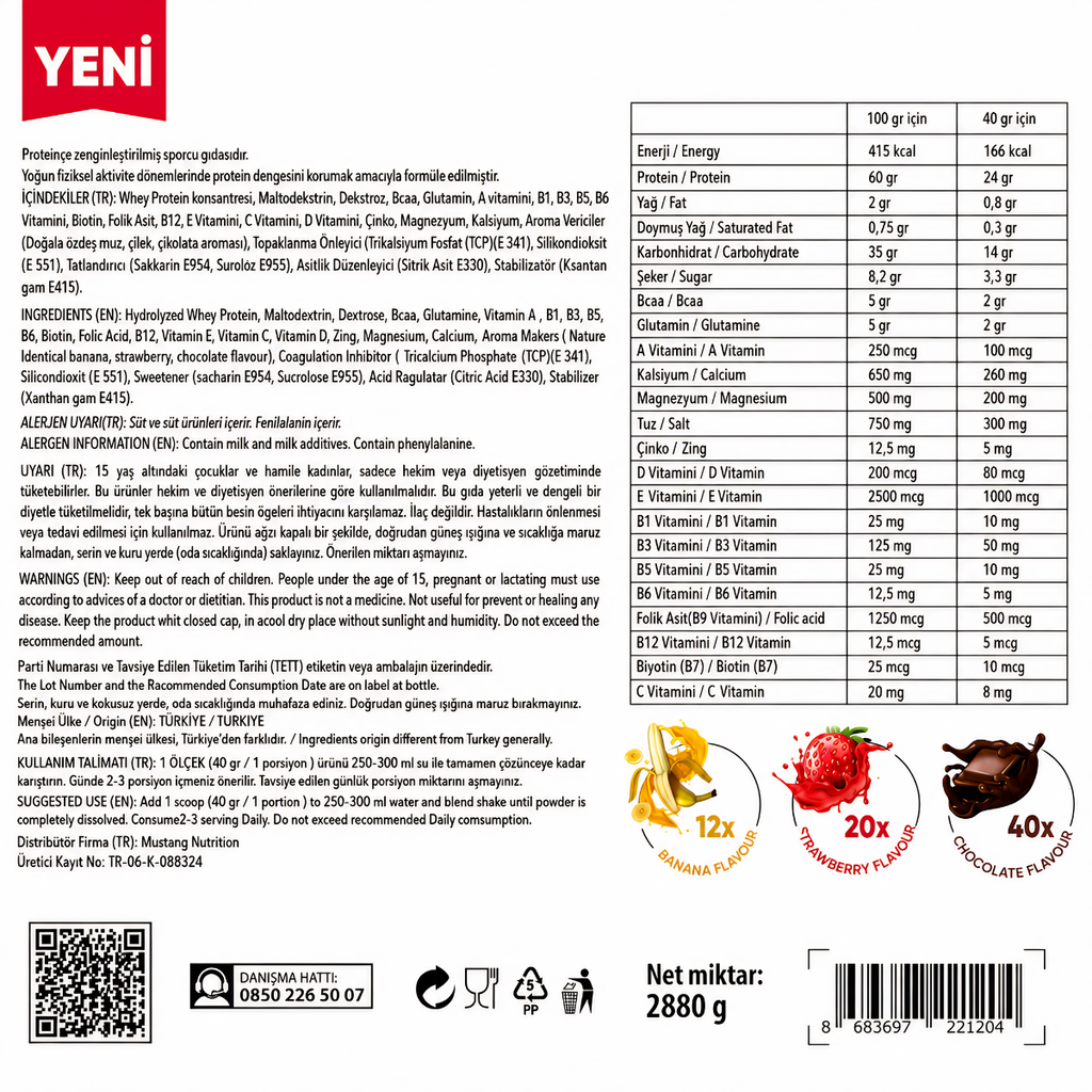 Mustang Nutrition Whey Protein 72 Saşe 2880 Gr