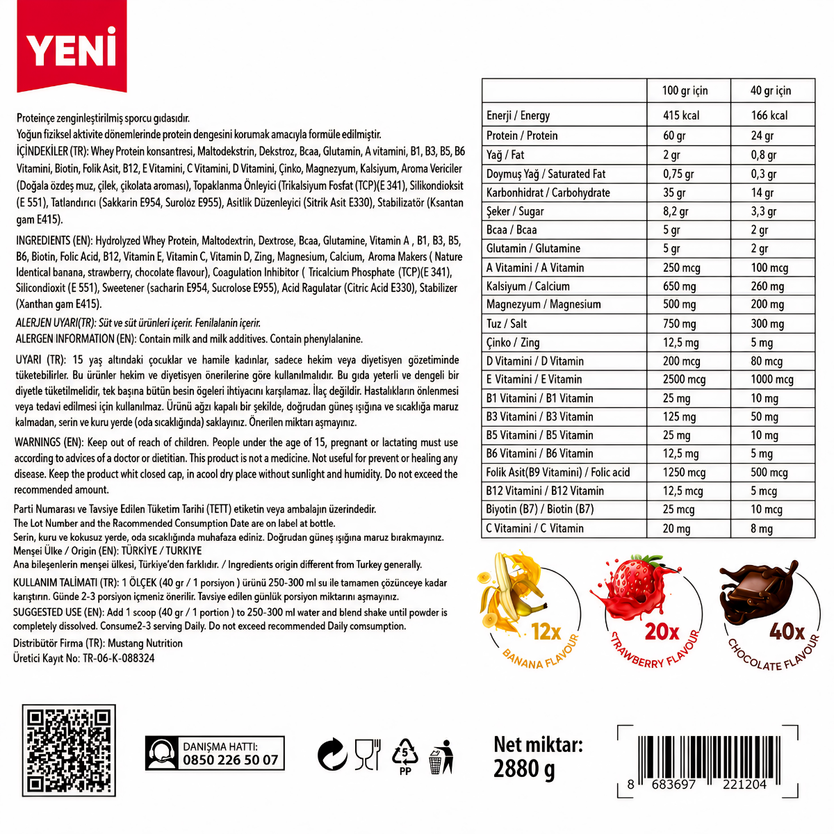 Mustang Nutrition Whey Protein 72 Saşe 2880 Gr