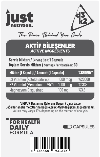 Just Nutrition D3 K2 30 Kapsül Vitamin Takviyesi