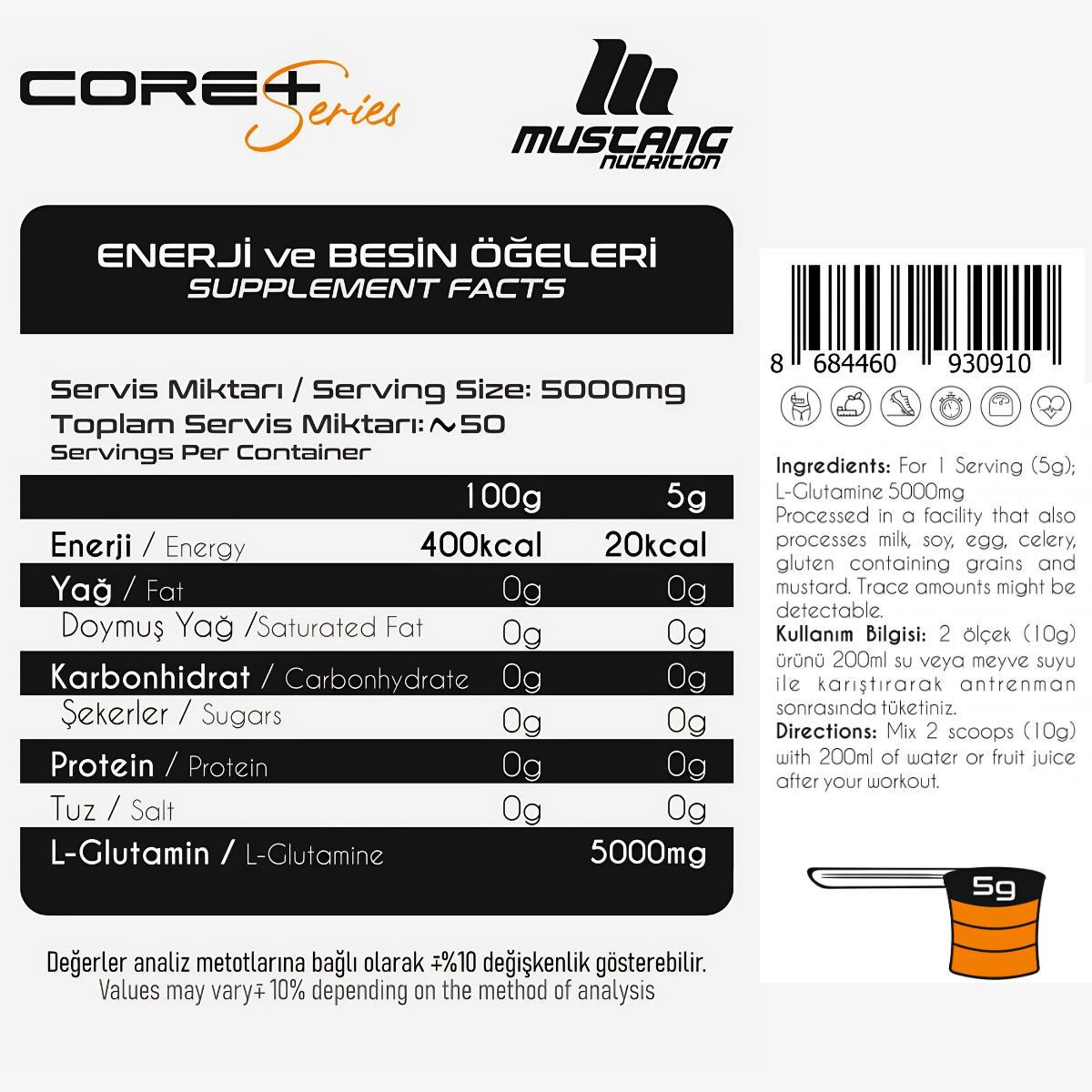 Mustang Nutrition Core+ Pure L-Glutamine Powder 250 Gr