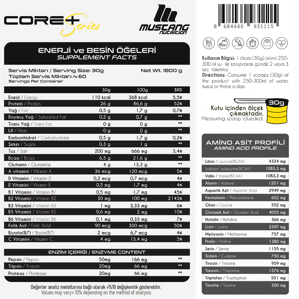 Mustang Nutrition Core+ Series Whey Isolate Protein 1800 Gr