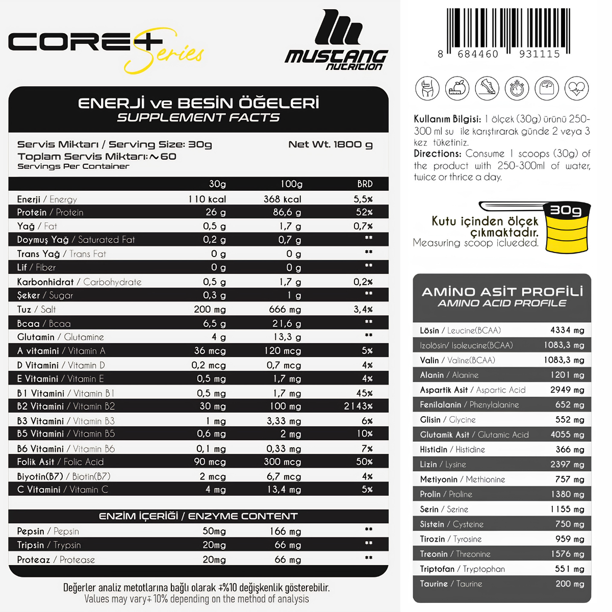 Mustang Nutrition Core+ Series Whey Isolate Protein 1800 Gr