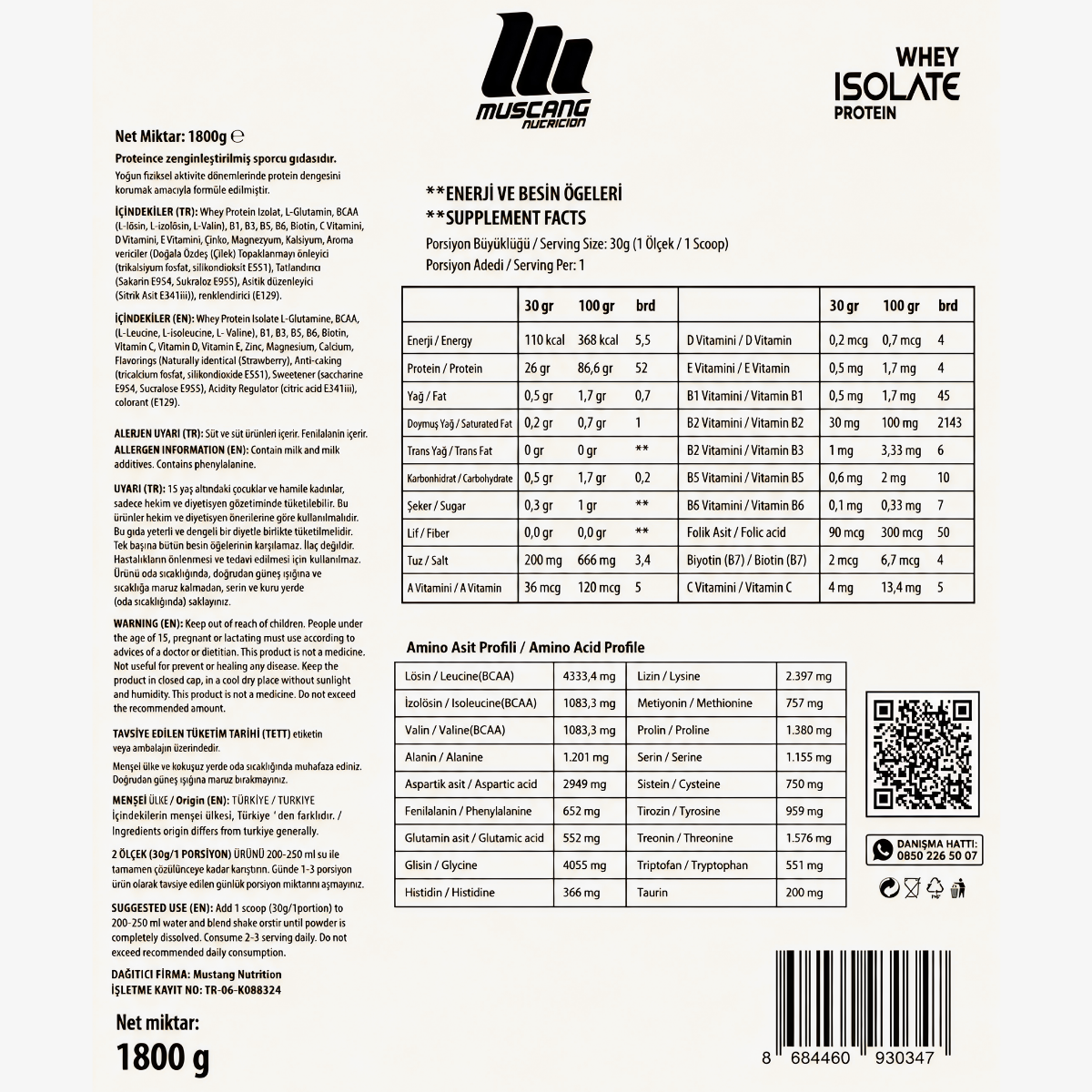 Mustang Nutrition Whey İsolate Protein 1800 Gr