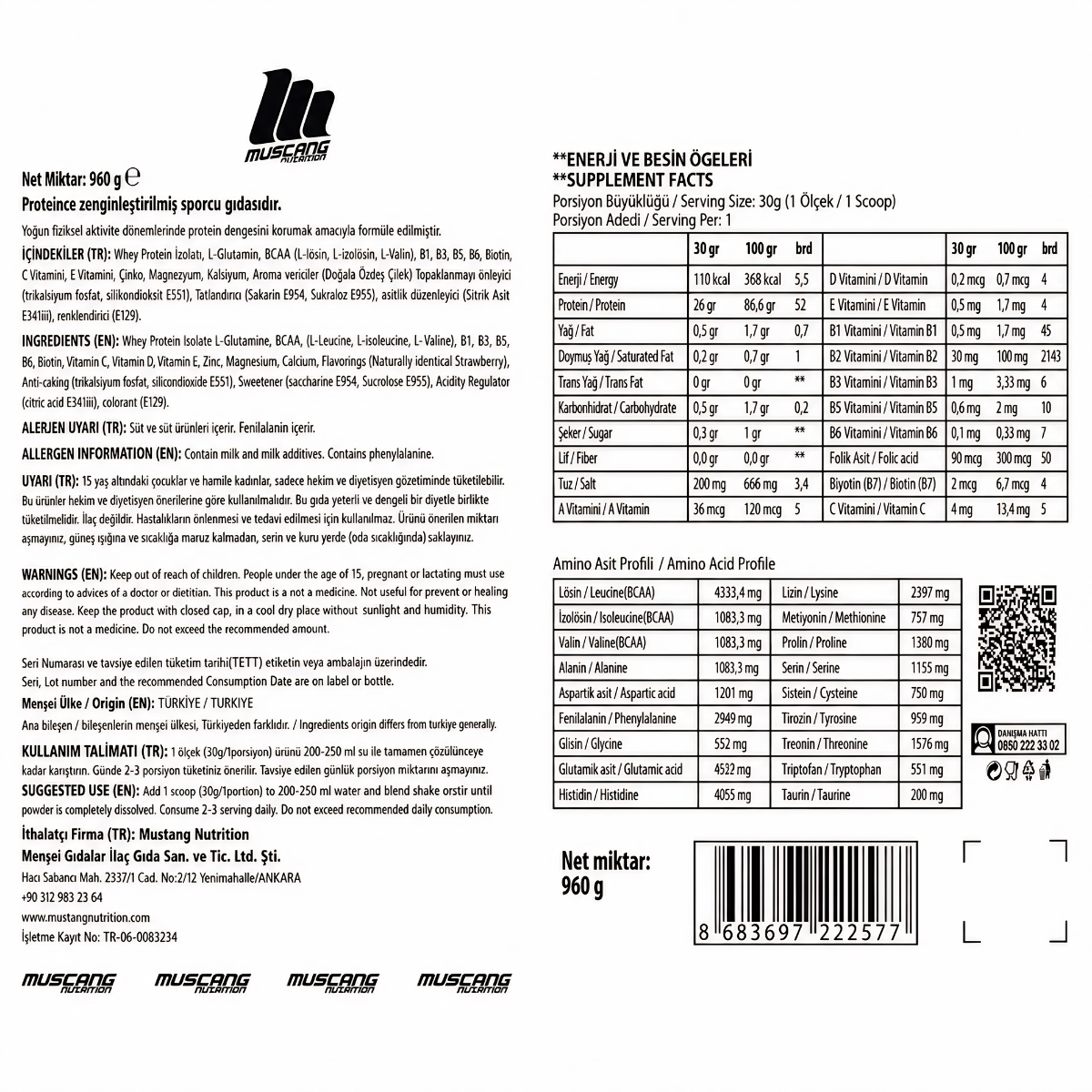 Mustang Nutrition Whey İsolate Protein 960 Gr