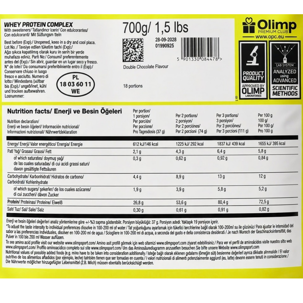 Olimp Whey Protein Complex 700 Gr Çikolata Chocolate etiket bilgileri
