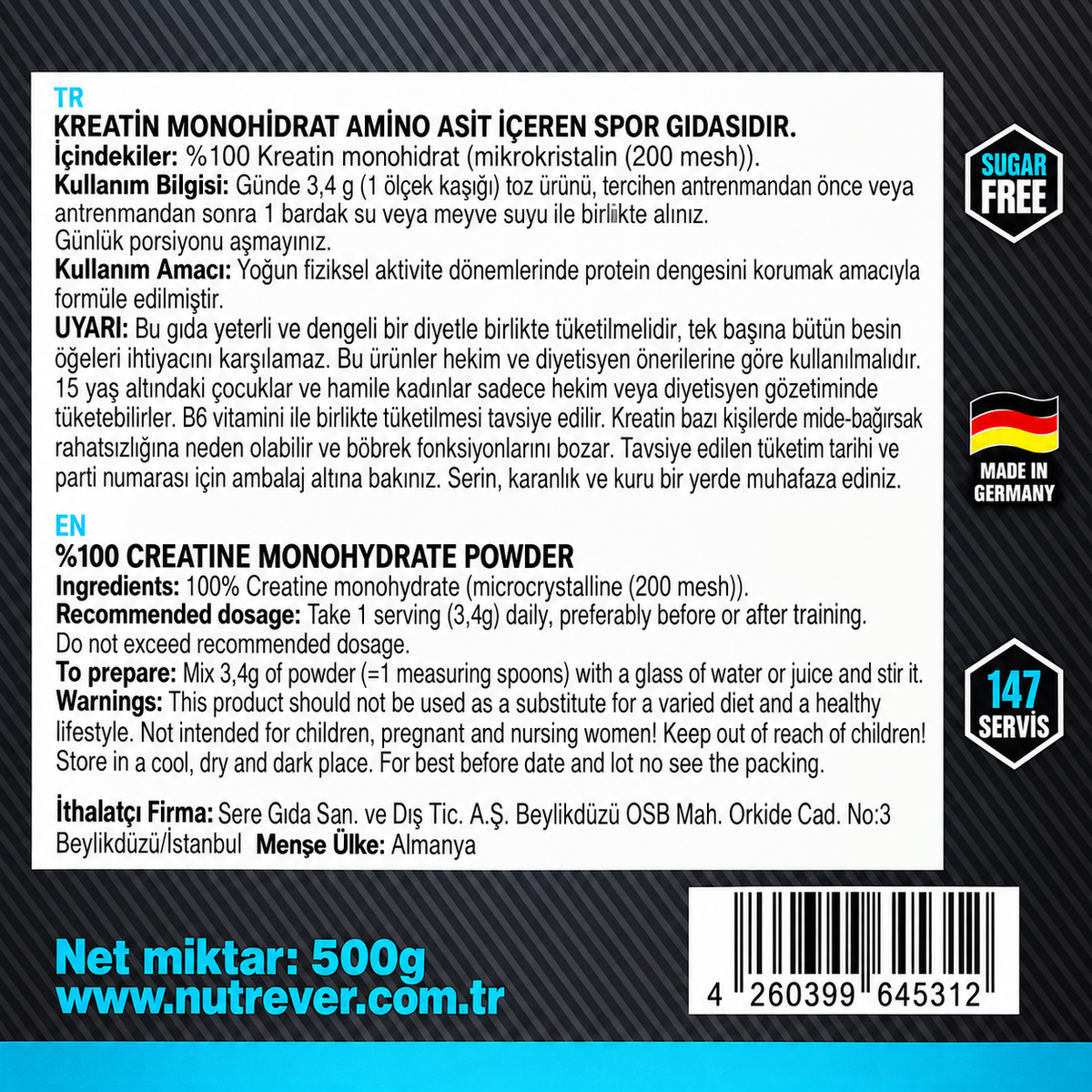 Nutrever Creatine Micronized 500 Gr