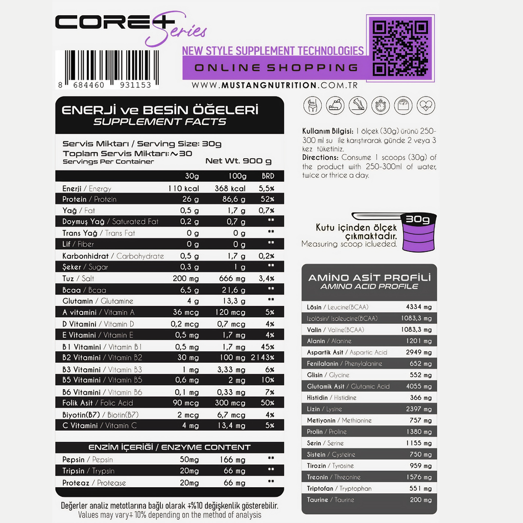 Mustang Nutrition Core+ Series Whey Isolate Protein 900 Gr
