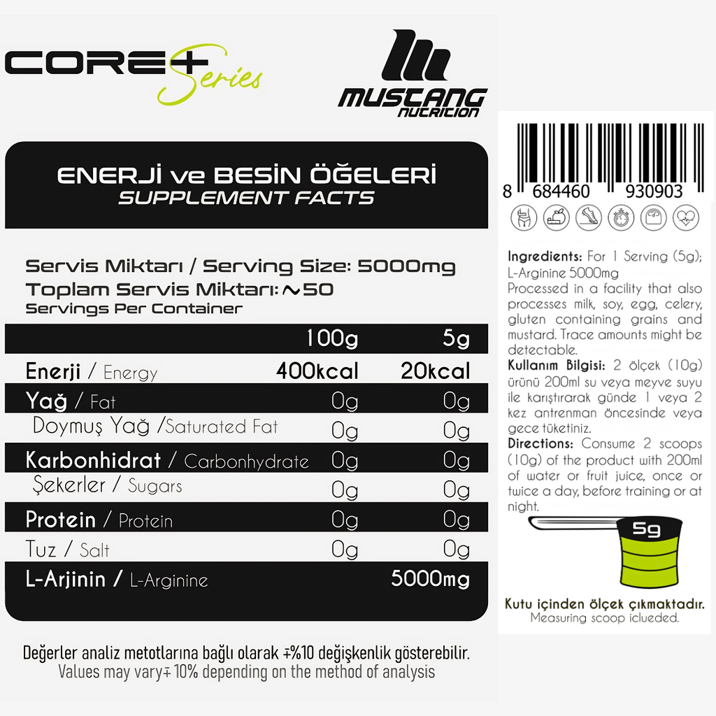Mustang Nutrition Core+ Pure L-Arginine Powder 250 Gr