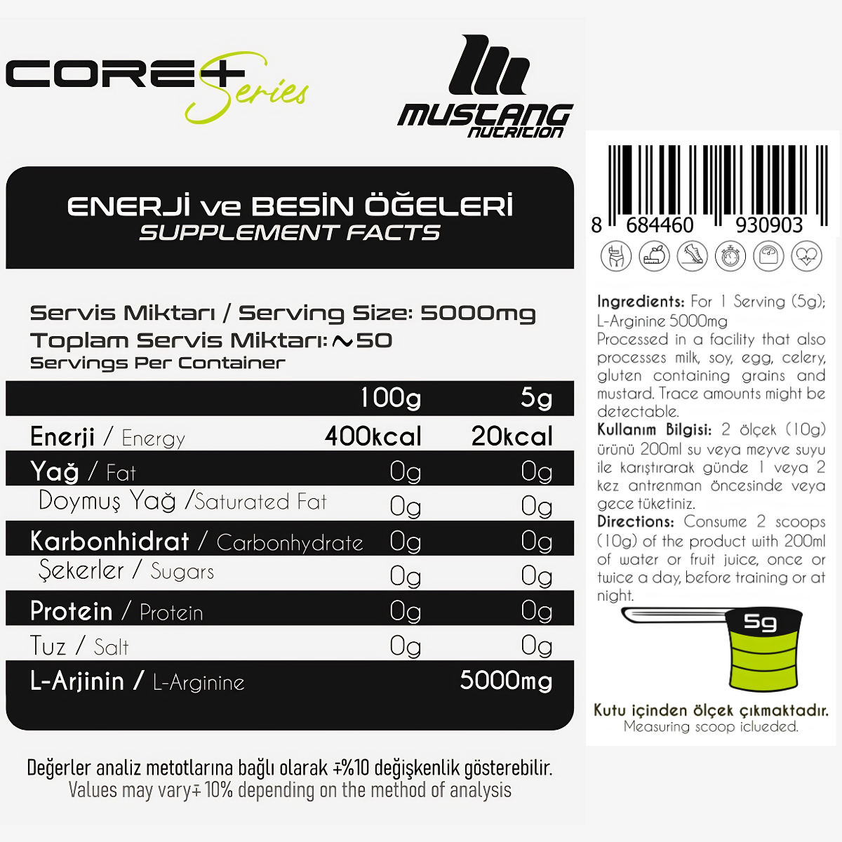 Mustang Nutrition Core+ Pure L-Arginine Powder 250 Gr