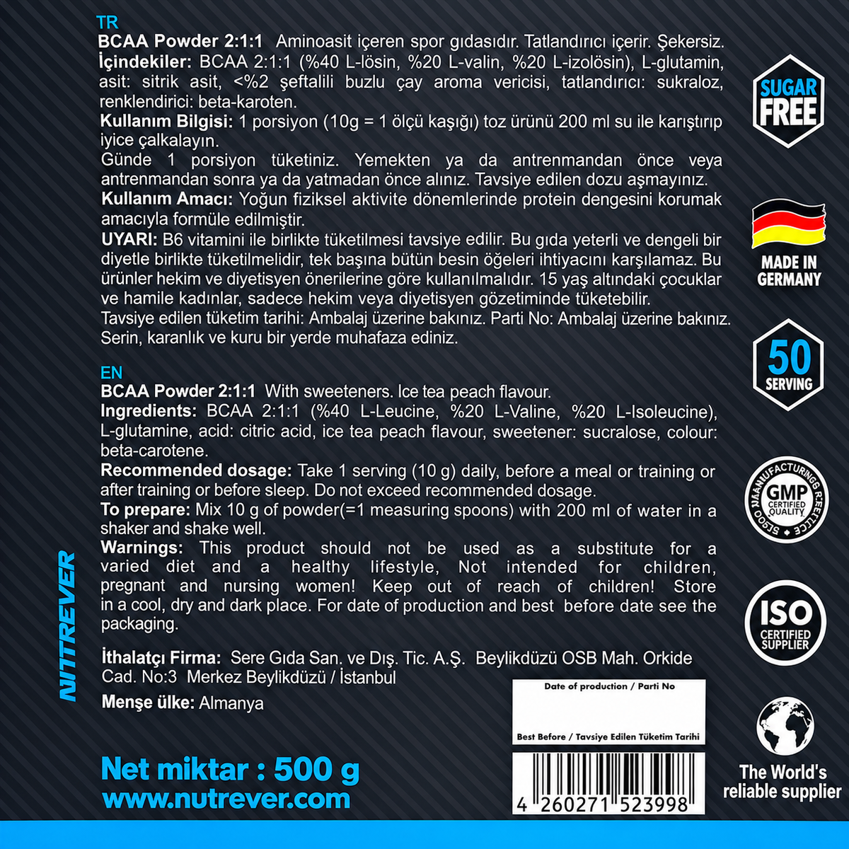 Nutrever BCAA Powder Şeftalili Soğuk Çay 500 Gr İce Tea Peach