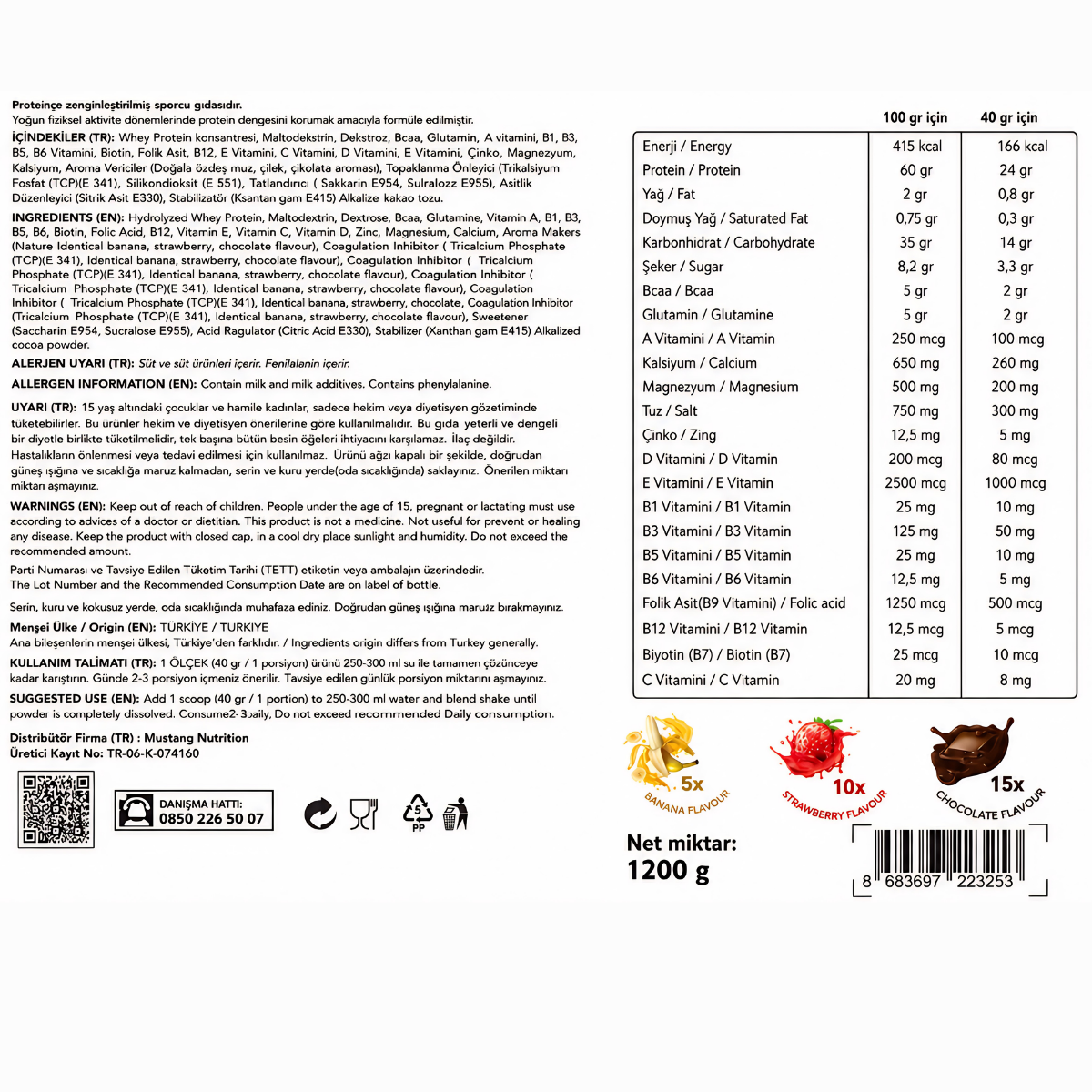 Mustang Nutrition Whey Protein 30 Saşe 1200 Gr