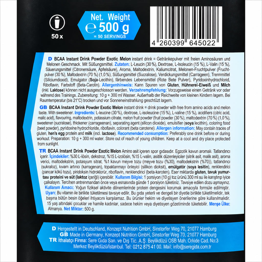 Z-Konzept Instant Drink BCAA 500 Gr Egzotik Kavun Aromalı Amino Asit Tozu