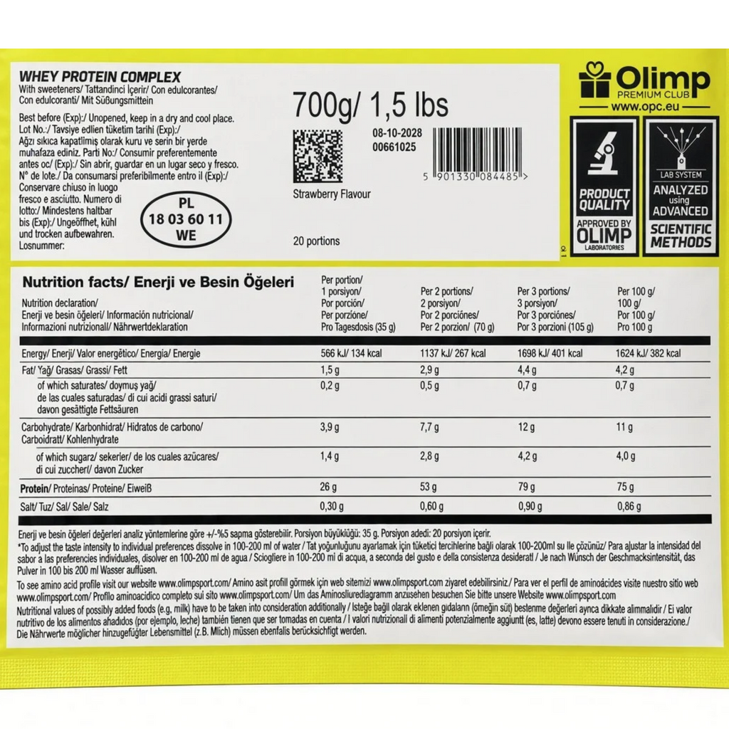 Olimp Whey Protein Complex 700 Gr Strawberry Çilek – besin değerleri etiketi