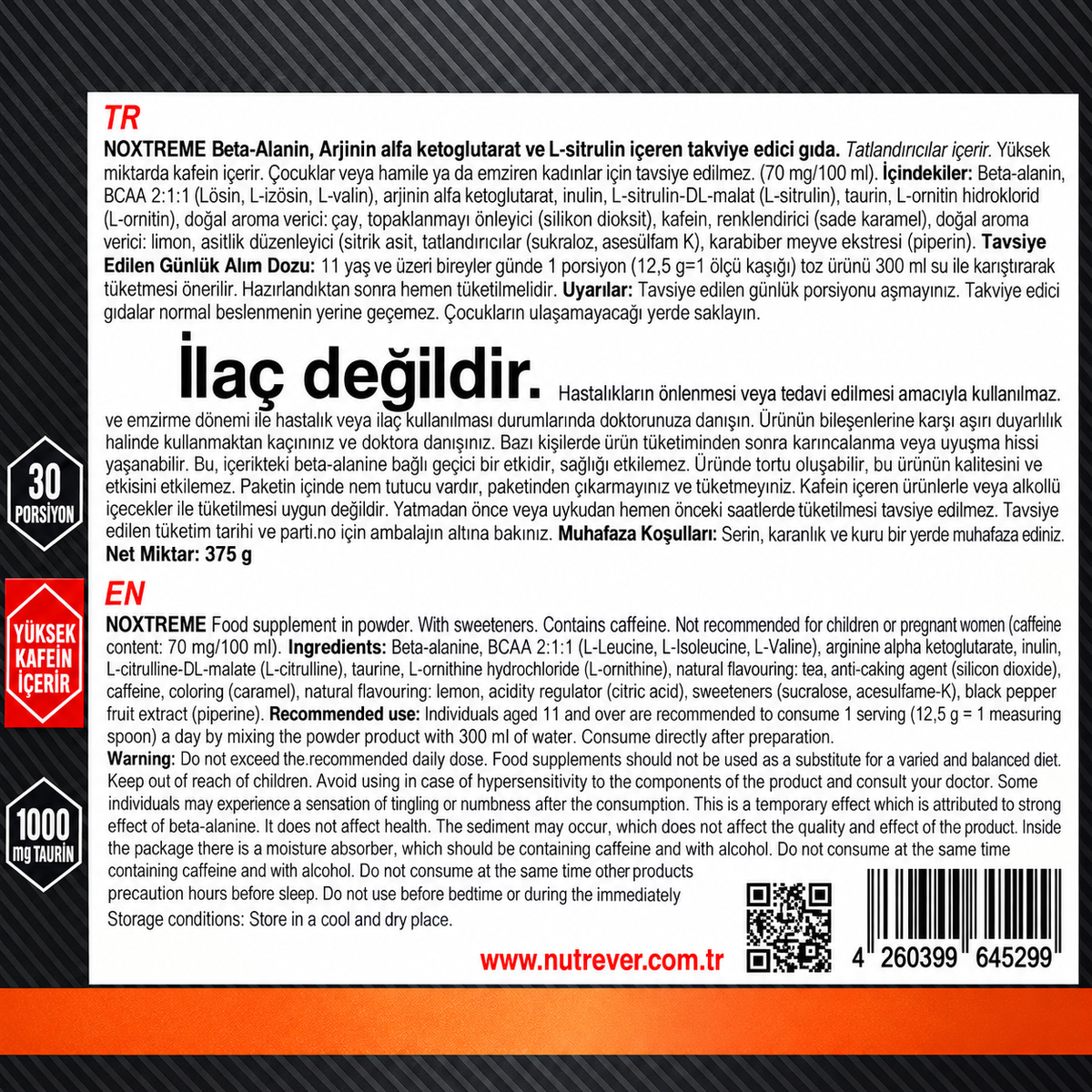 Nutrever Noxtreme ProWorkout 375 Gr 30 Servis Çay ve Limon Aromalı