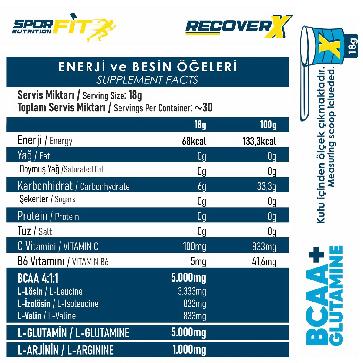 Sporfit Nutrition RecoverX BCAA + L-Glutamine 540 Gr 30 Servis Karpuz