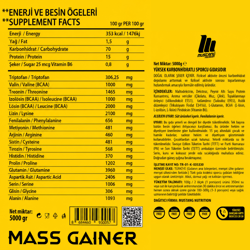 Mustang Nutrition Mass Gainer Karbonhidrat Tozu 5000 Gr 50 Servis Çilek