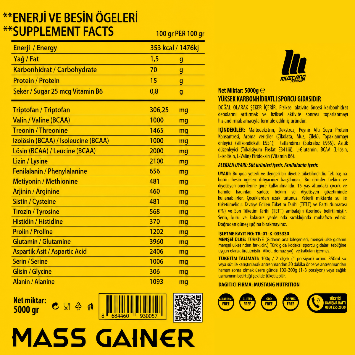 Mustang Nutrition Mass Gainer Karbonhidrat Tozu 5000 Gr 50 Servis Çilek