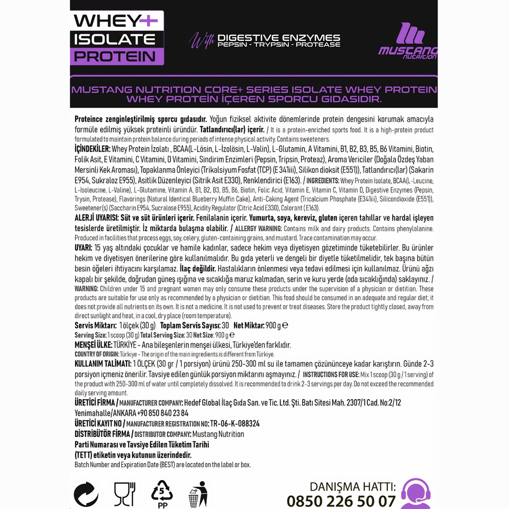 Mustang Nutrition Core+ Series Whey Isolate Protein 900 Gr