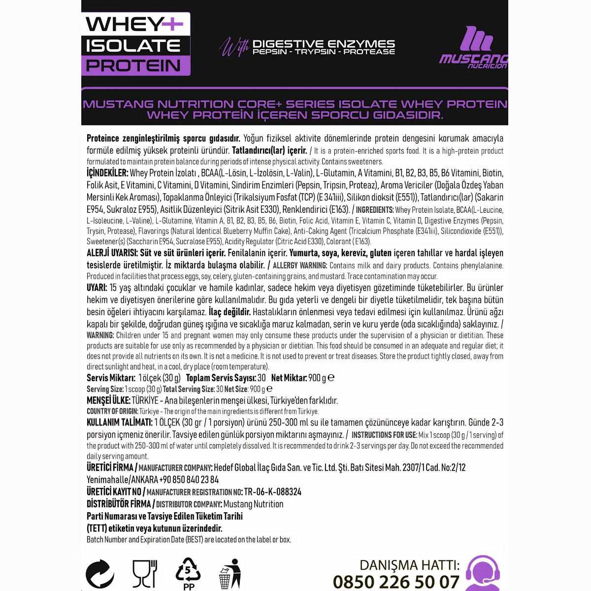 Mustang Nutrition Core+ Series Whey Isolate Protein 900 Gr