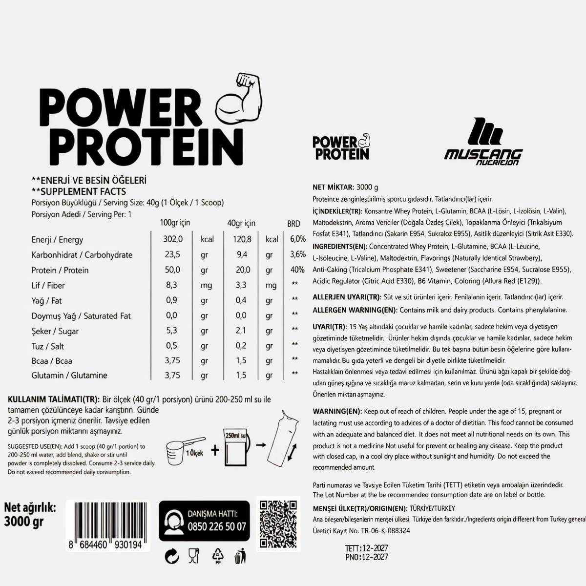 Mustang Nutrition Power Protein 3000 Gr Çilek
