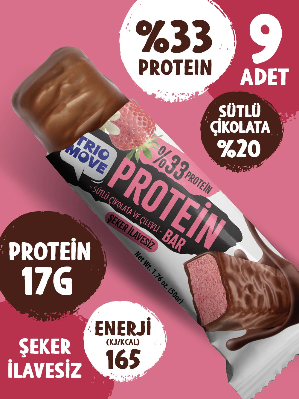 Trio Move Protein Bar 9 Adet X 50 Gr Çilekli Çikolata & Vanilya
